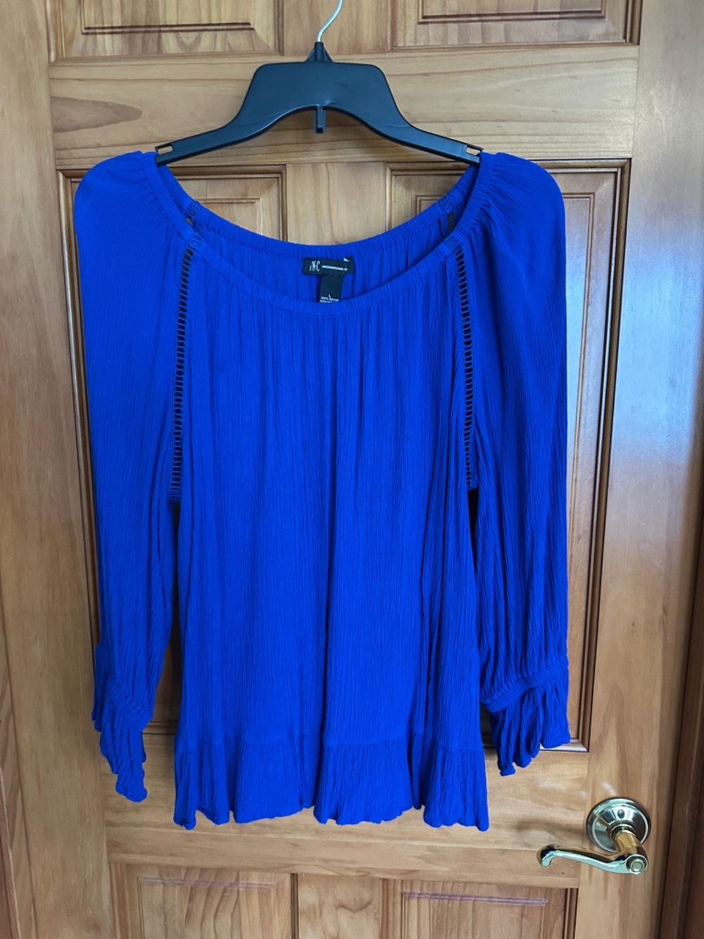INC International Concepts Cobalt Blue Peasant Blouse with Ladder Trim